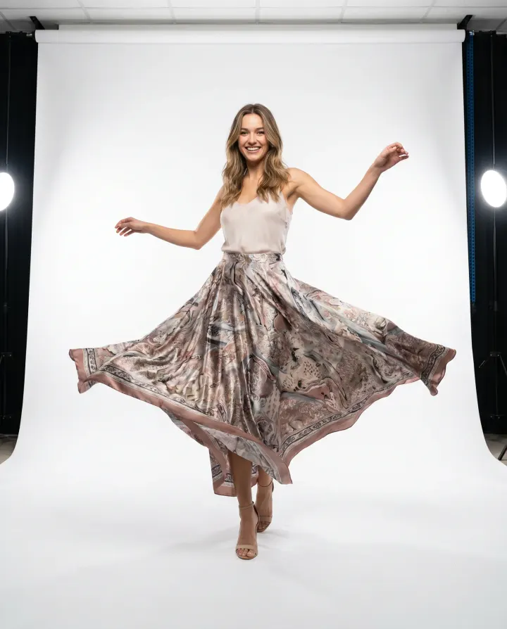 AI actor twirling in a patterned skirt on a white studio seamless